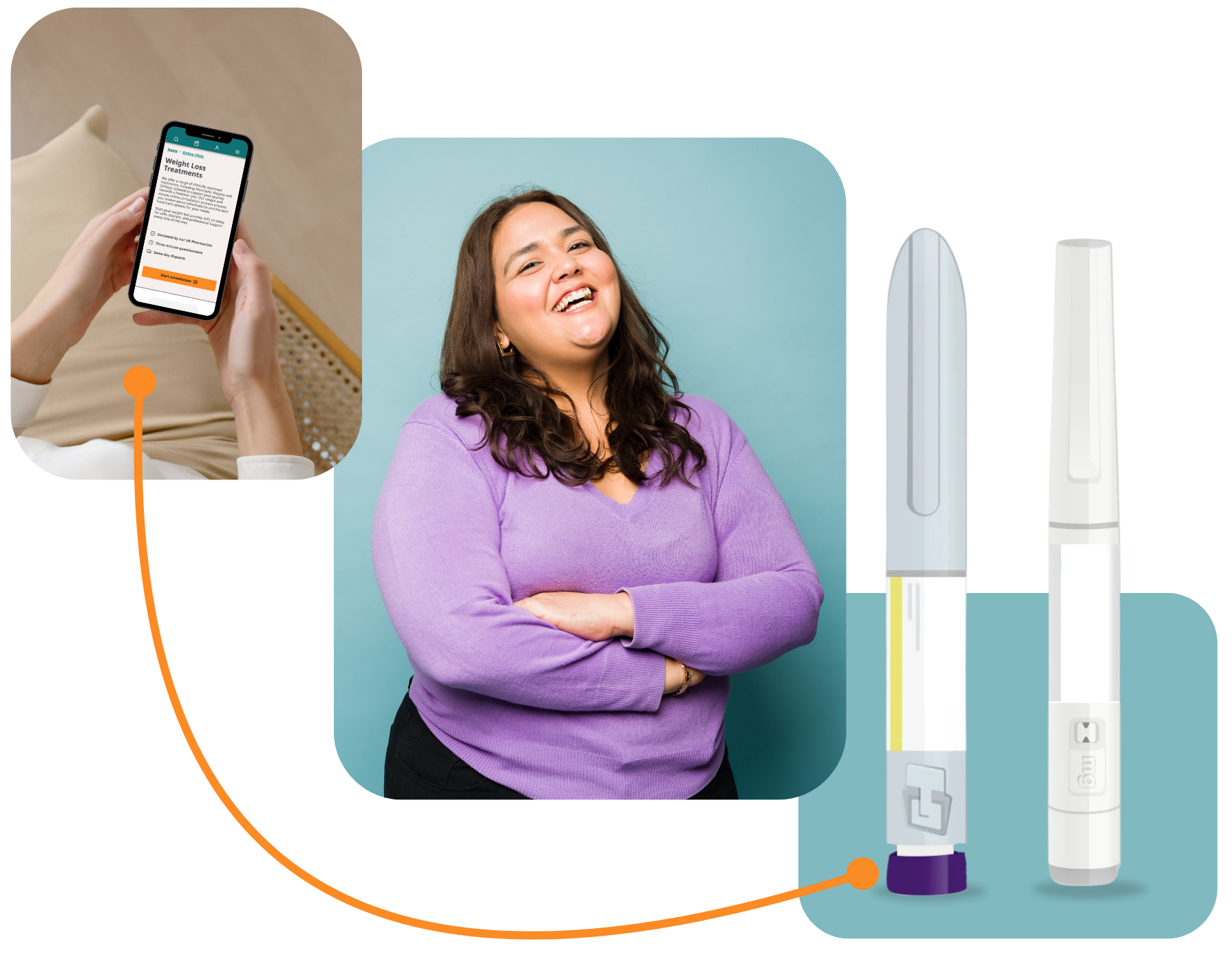 Weight loss journey illustration showing mobile app, success story, and treatment